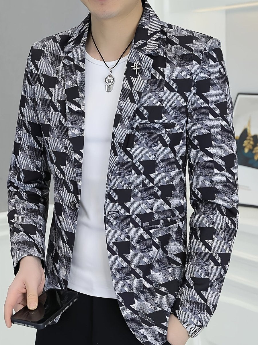 Men's SHOWLU Houndstooth blazer with skinny fit, polyester fabric, long sleeves, lapel collar, single button, casual spring fall jacket.