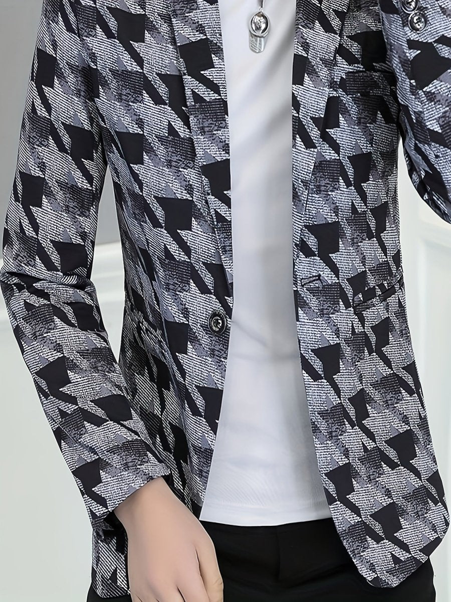 Men's SHOWLU Houndstooth blazer with skinny fit, polyester fabric, lapel collar, single button, long sleeves, casual style.