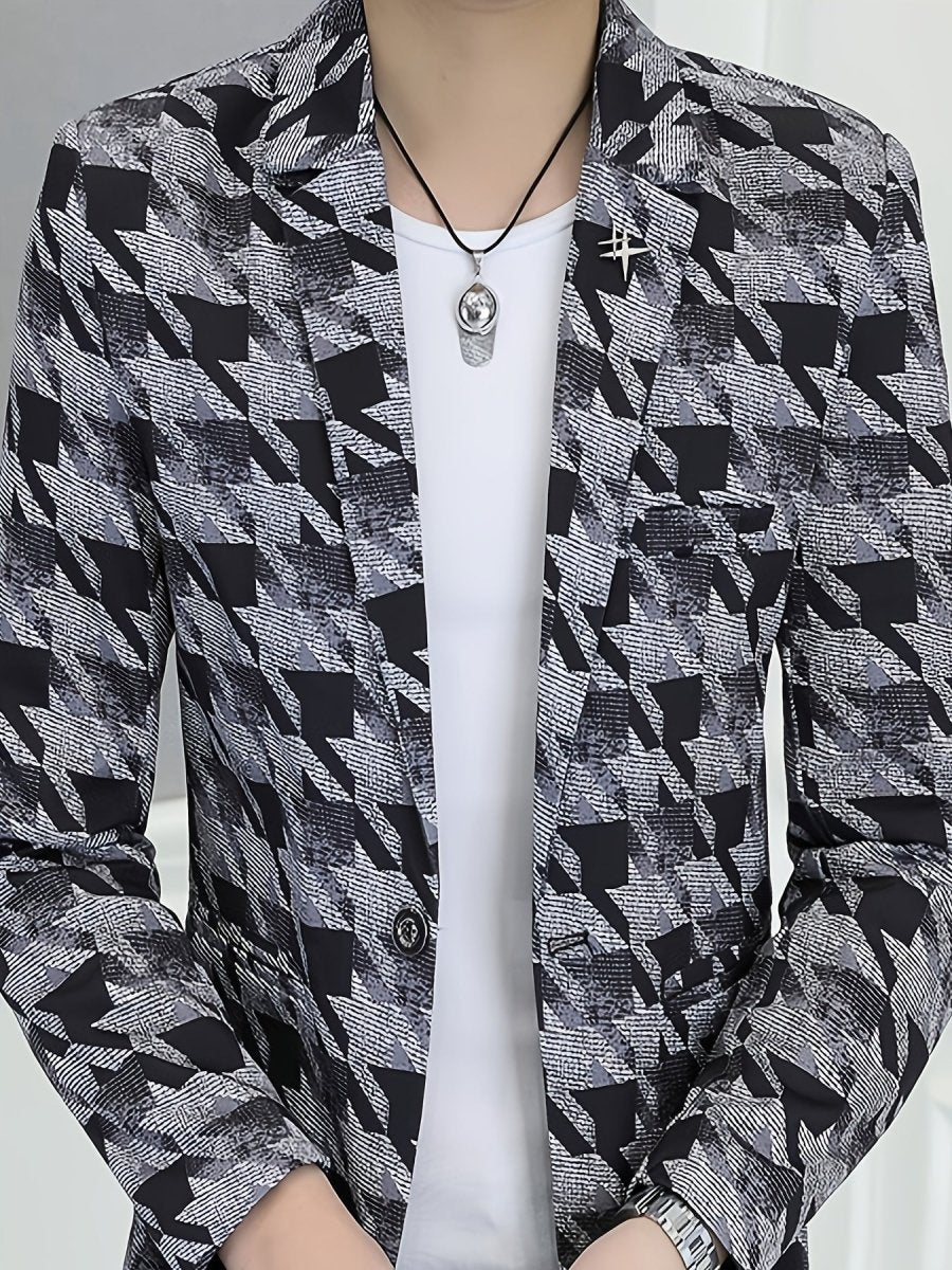 SHOWLU Men's houndstooth blazer with slim fit, polyester fabric, lapel collar, single button, long sleeves, casual style.