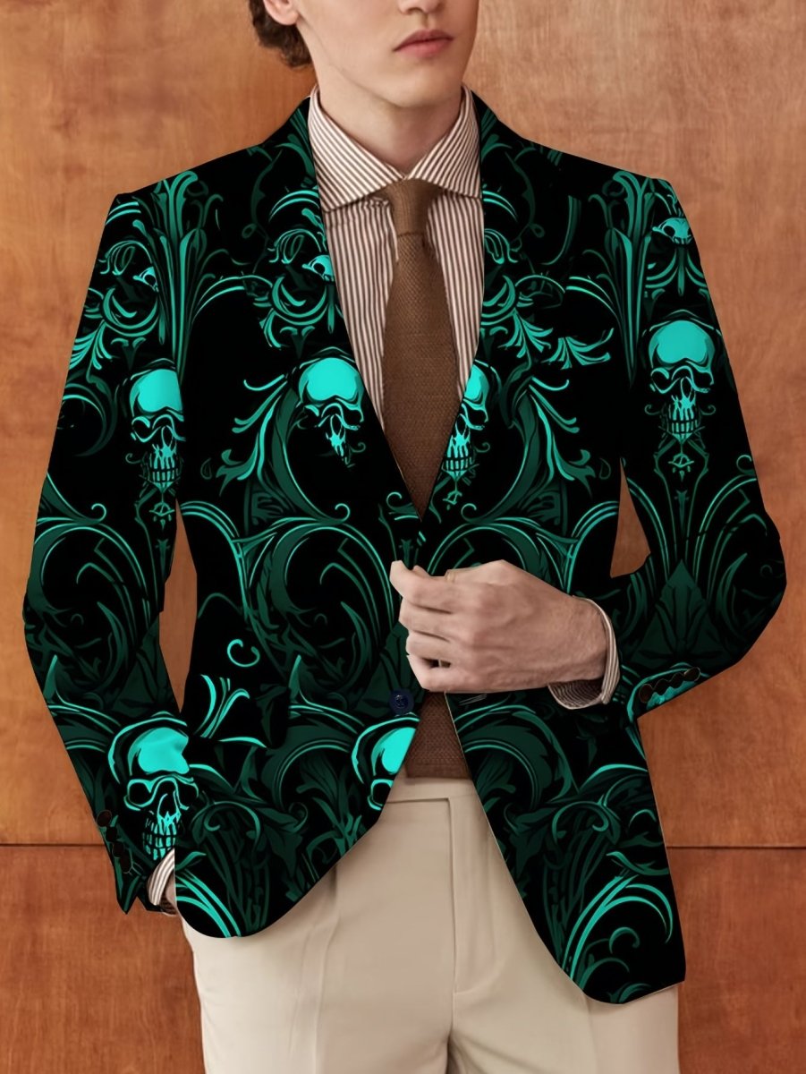 Men's skull print blazer by SHOWLU FASHION, casual slim fit suit jacket with stylish skull design, perfect for parties and dinners.