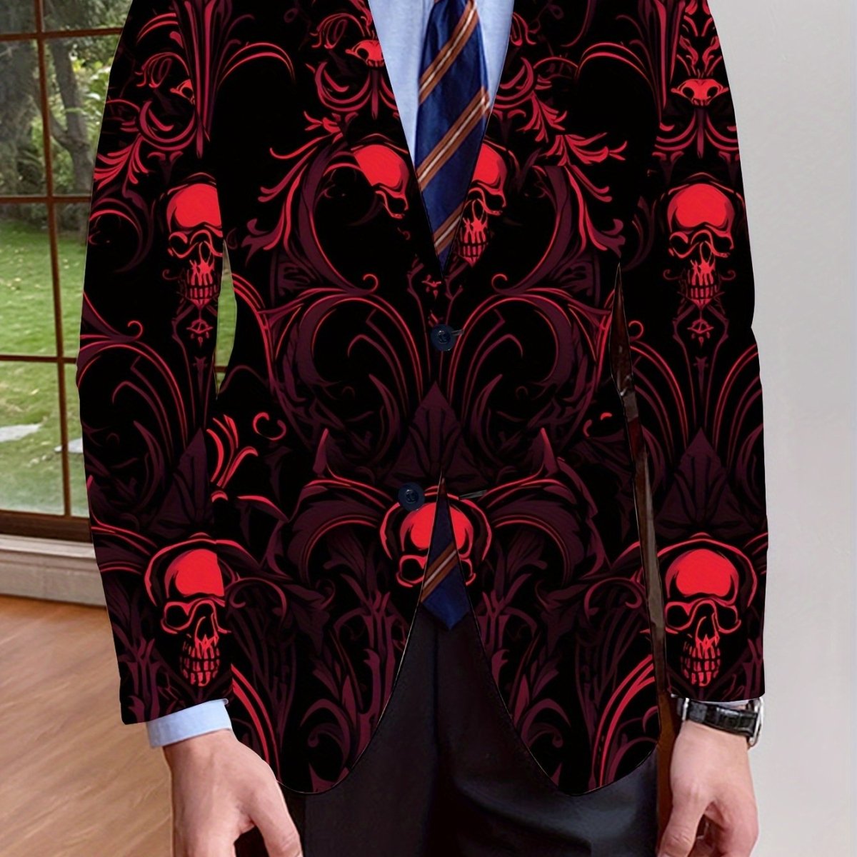 Men's skull print blazer by SHOWLU FASHION, casual slim fit suit jacket with stylish skull design for parties and dinners.