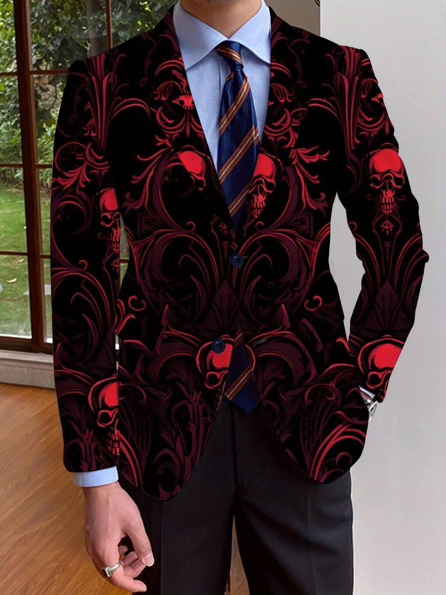 Men's skull print blazer by SHOWLU FASHION, casual slim fit suit jacket with stylish skull pattern, ideal for parties and dinners.