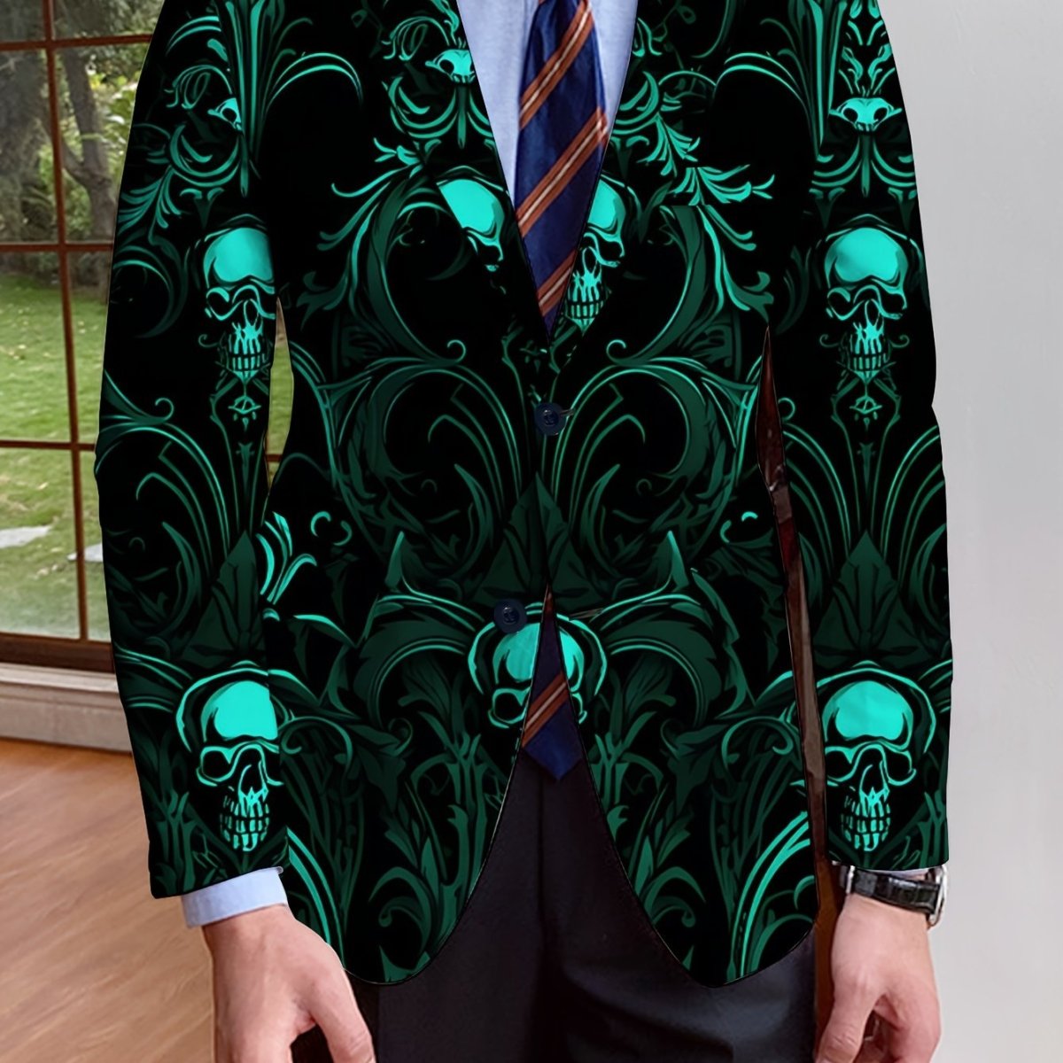 Men's SHOWLU FASHION skull print blazer, casual slim fit suit jacket with stylish skull design for parties and dinners.
