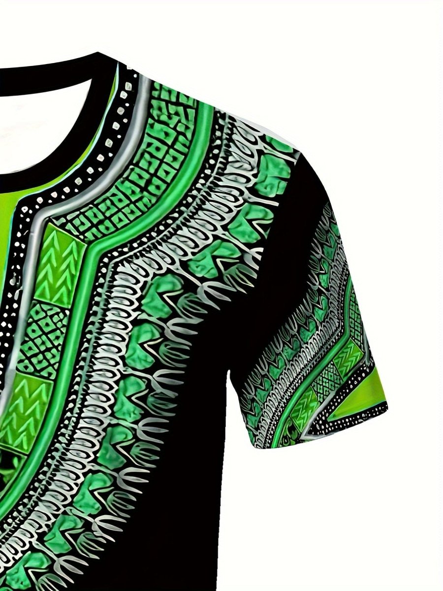 Men's SHOWLU FASHION ethnic paisley print 3D graphic polyester T-shirt with short sleeves and round neck for casual wear.
