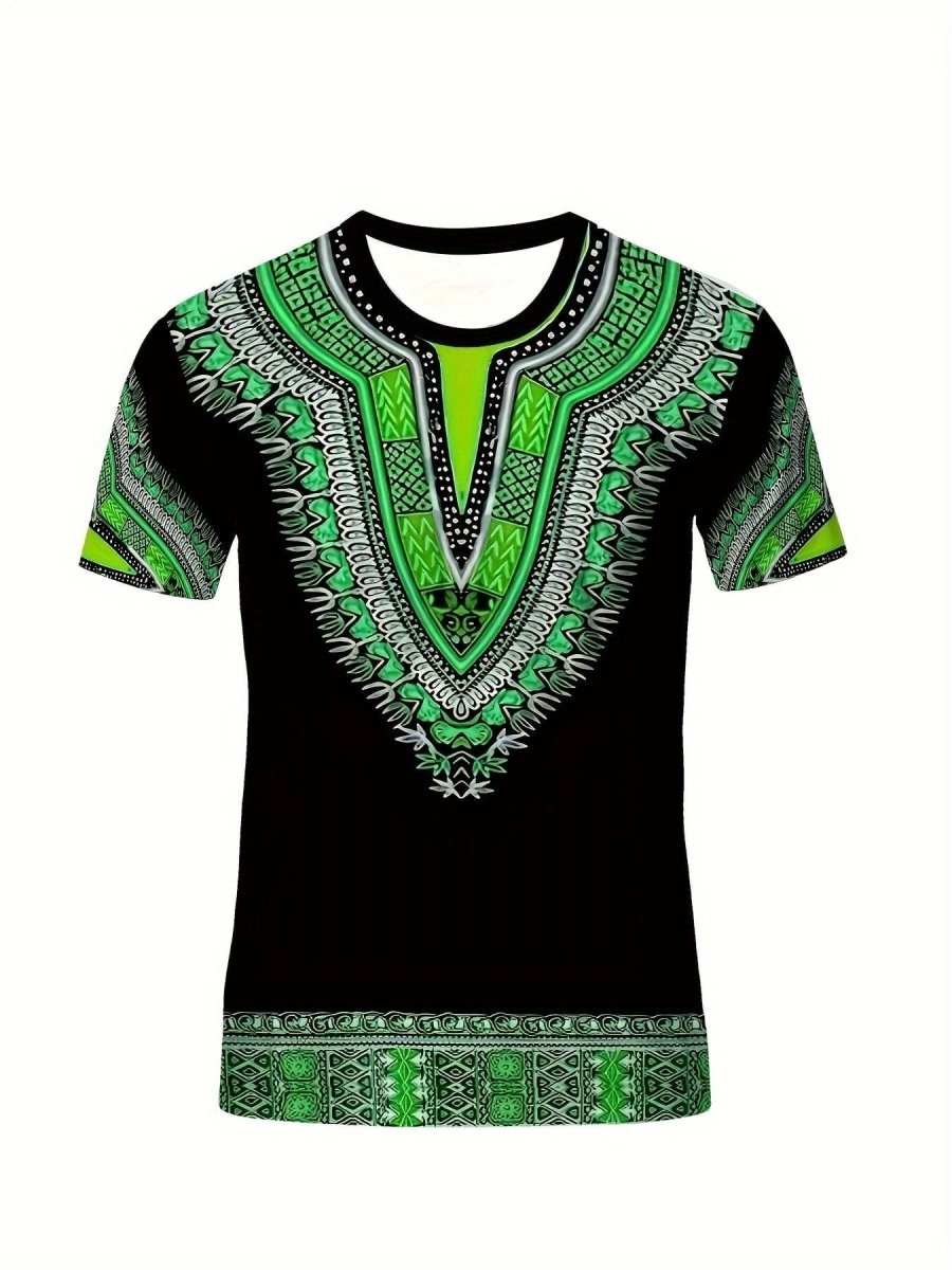 Men's SHOWLU FASHION ethnic paisley print 3D graphic polyester T-shirt with short sleeves and round neck for casual wear.