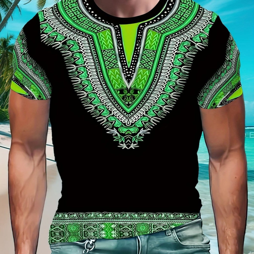 SHOWLU FASHION men's ethnic paisley print 3D graphic polyester T-shirt, short sleeve, round neck, casual daily wear.