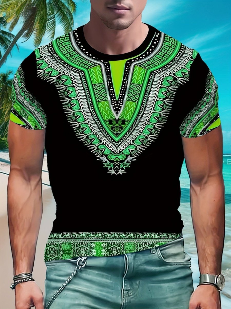 SHOWLU FASHION men's ethnic paisley print 3D graphic polyester T-shirt with short sleeves and round neck, ideal for casual wear.