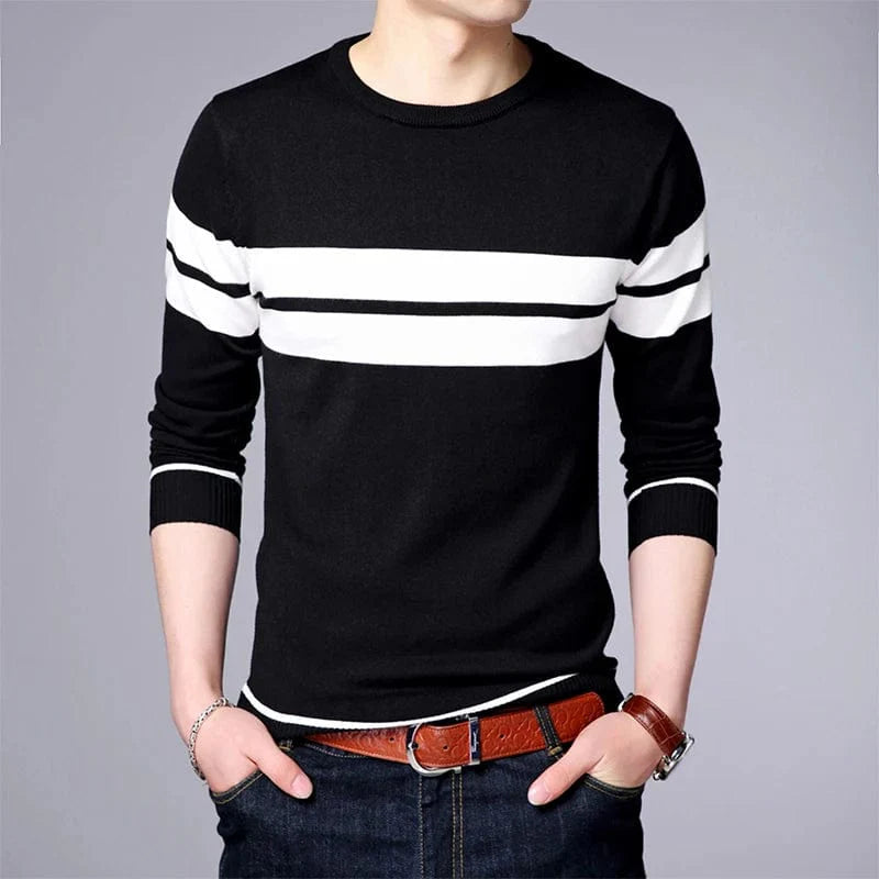 Men's striped knit pullover by Showlu Fashion, casual long sleeve O-neck top, suitable for spring and autumn wear.