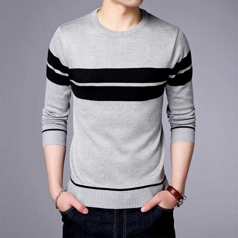 Men's striped knit pullover by Showlu Fashion, casual long sleeve O-neck top perfect for spring and autumn, cozy and stylish.