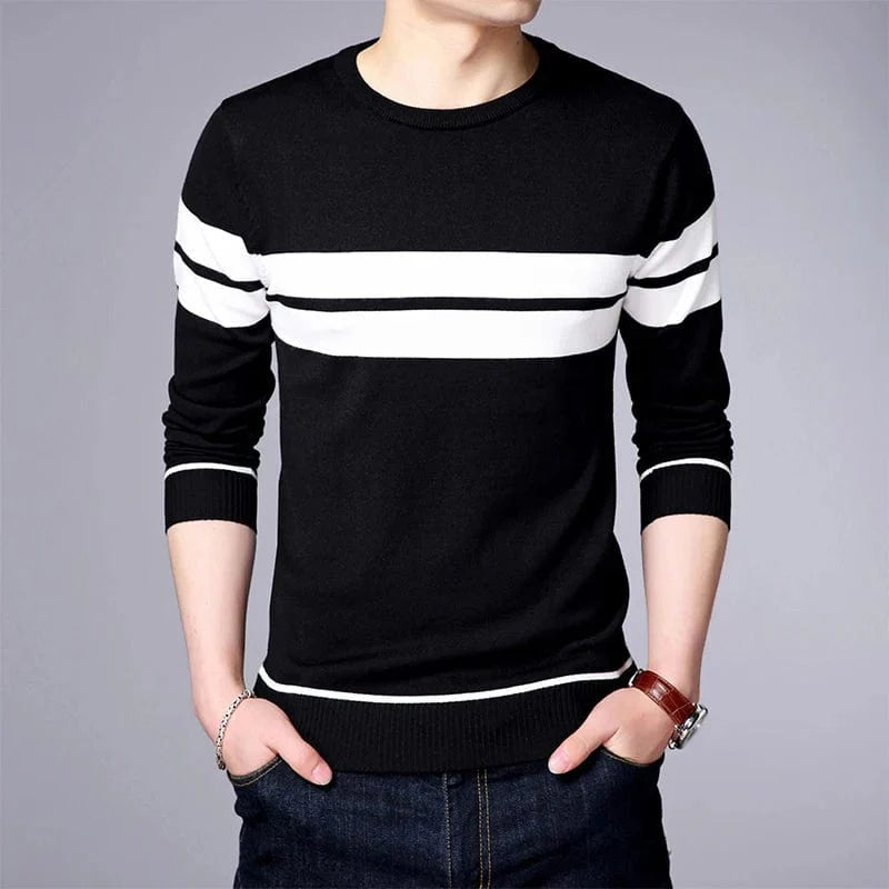 Men's striped knit pullover by Showlu Fashion, casual long sleeve O-neck top perfect for spring and autumn wear.
