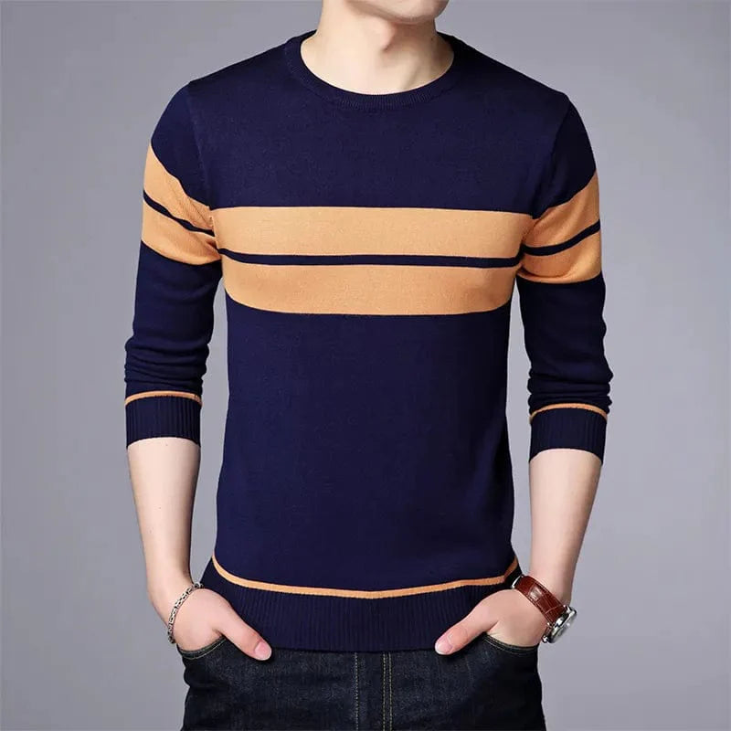 Men's striped knit pullover by Showlu Fashion, casual long sleeve O-neck top, perfect for spring and autumn wear.