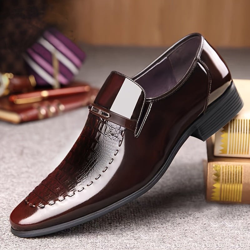 Men's SHOWLU striped pointed-toe loafers with slip-on design, rubber sole, casual and dress shoe style, all-season footwear.