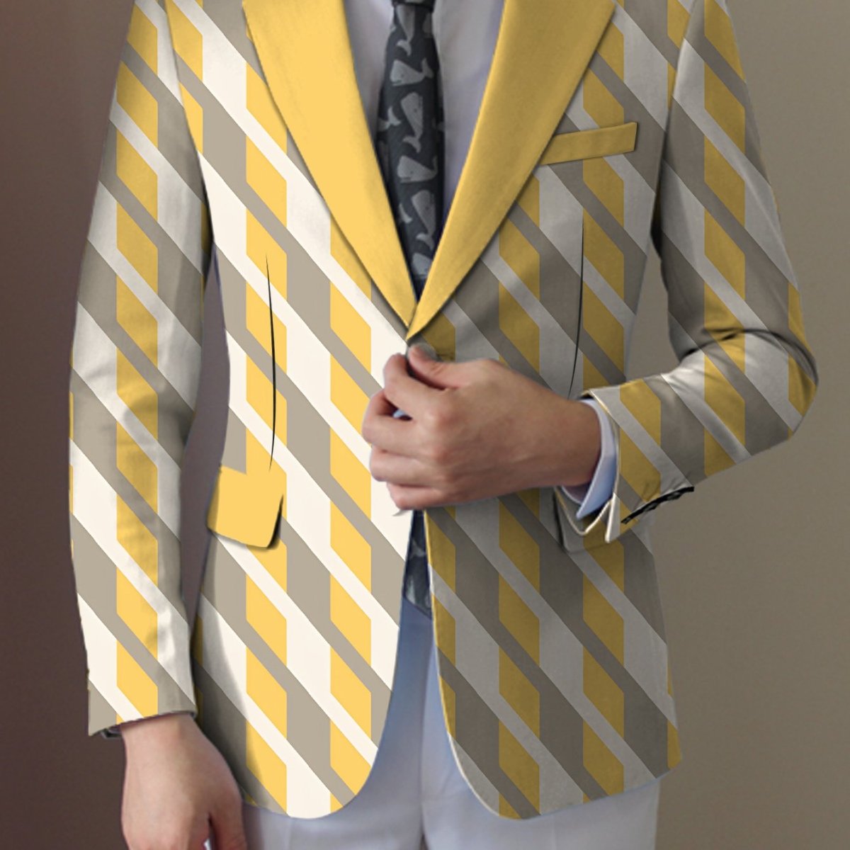 Men's casual print suit jacket by SHOWLU FASHION STORE, polyester blazer with lapel collar, button details, and regular fit.