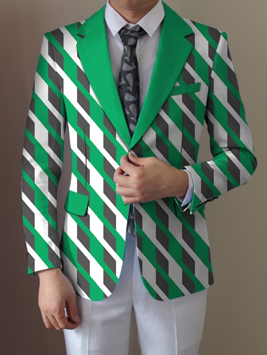Men's casual print suit jacket by SHOWLU FASHION STORE, regular fit polyester blazer with lapel collar and button details.