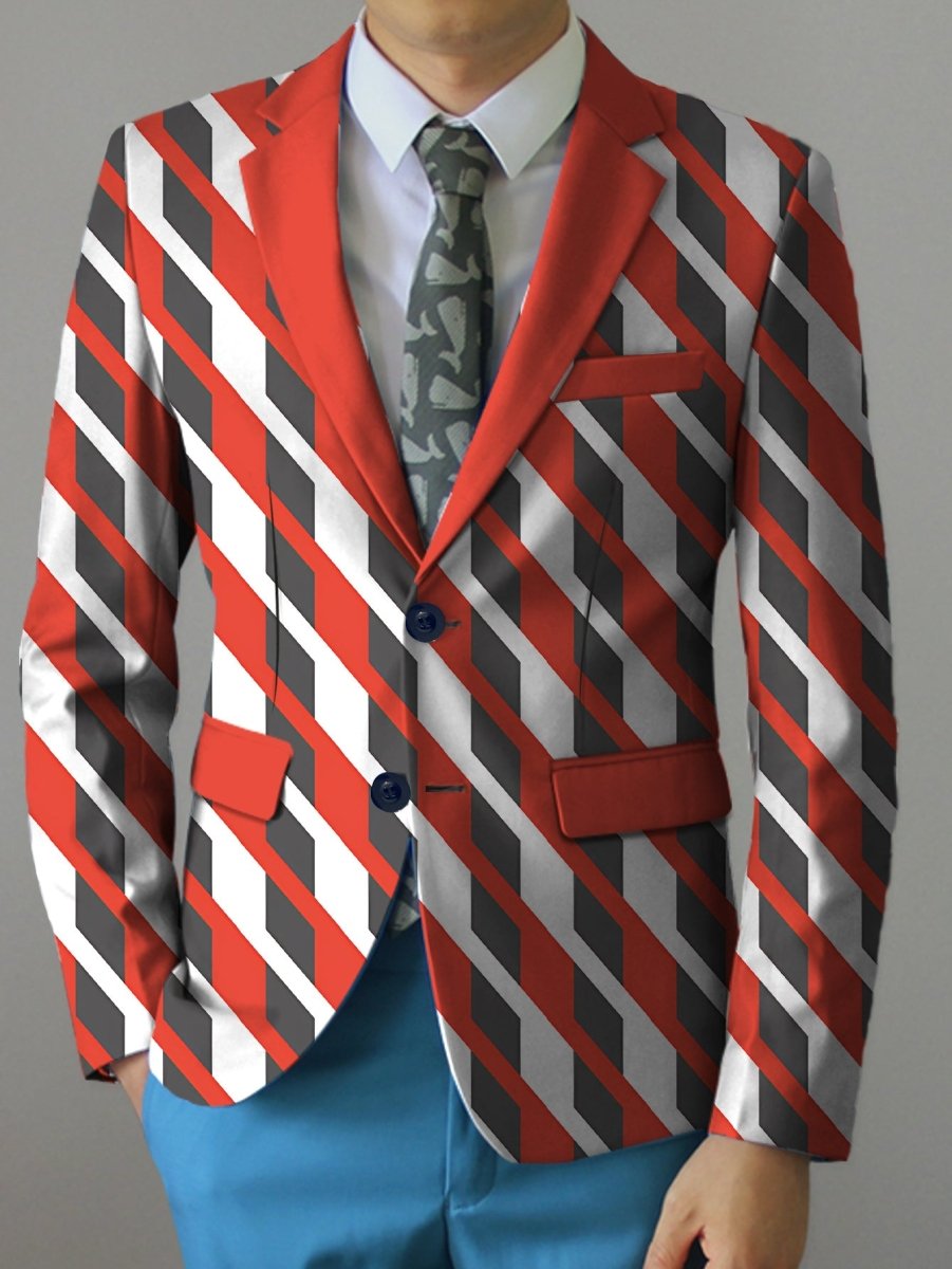 Men's casual print suit jacket by SHOWLU FASHION STORE, regular fit polyester blazer with lapel collar and button details.