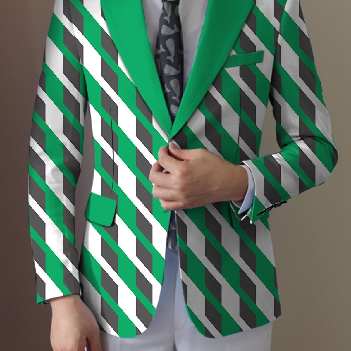 Men's casual print suit jacket by SHOWLU FASHION STORE, regular fit polyester blazer with lapel collar and button details.