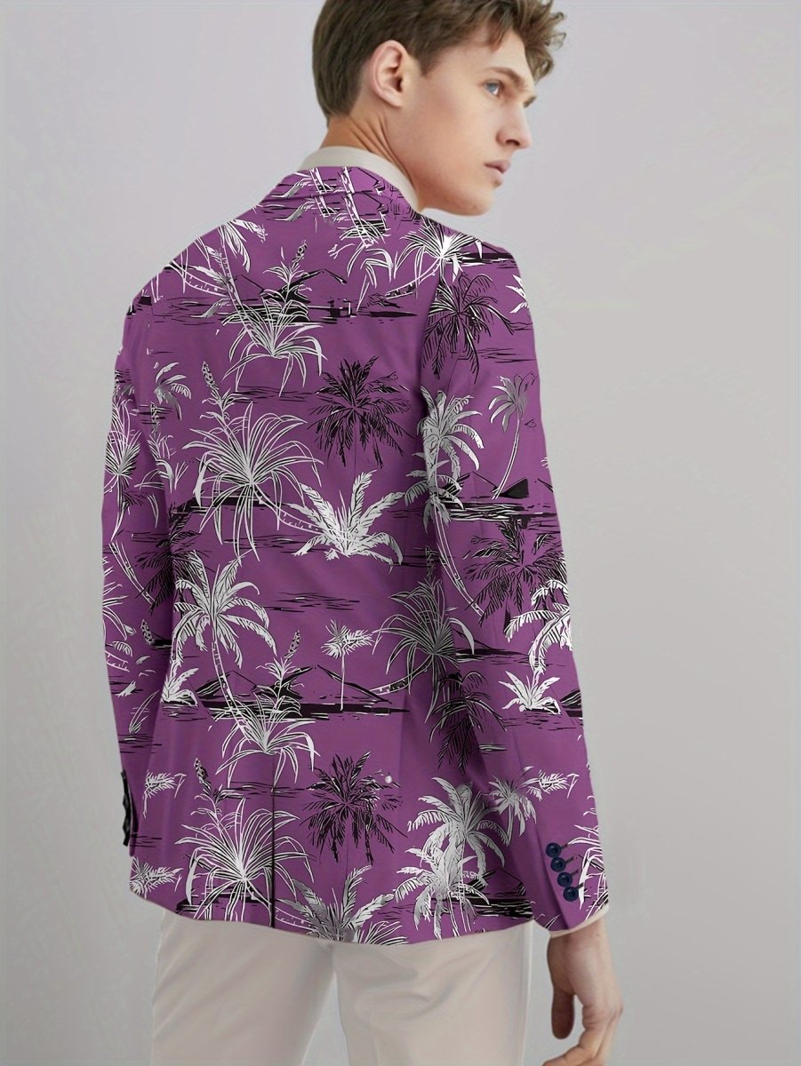 Men's SHOWLU coconut tree print blazer, regular fit suit jacket with lapel, button closure, ideal for all-season wear.