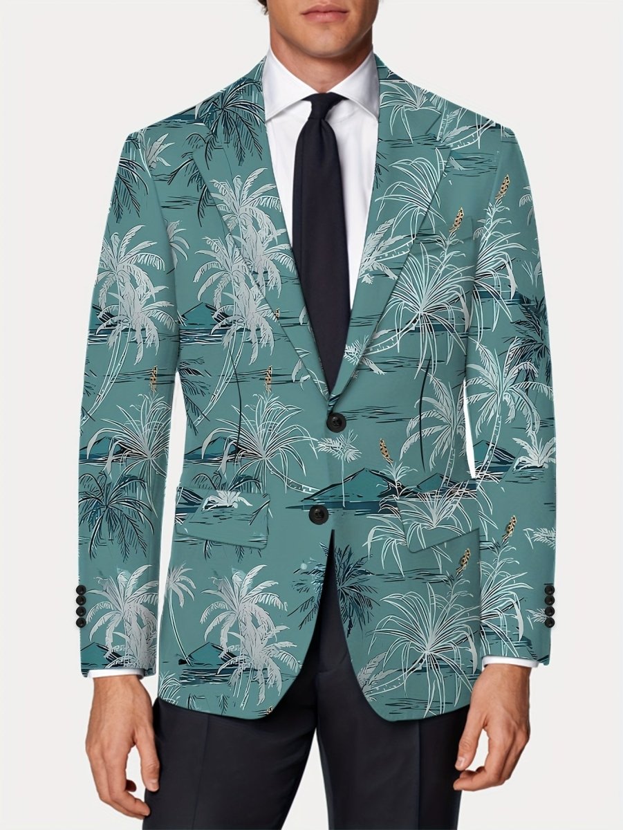 Men's SHOWLU coconut tree print blazer, regular fit suit jacket with lapel, button closure, suitable for all seasons.