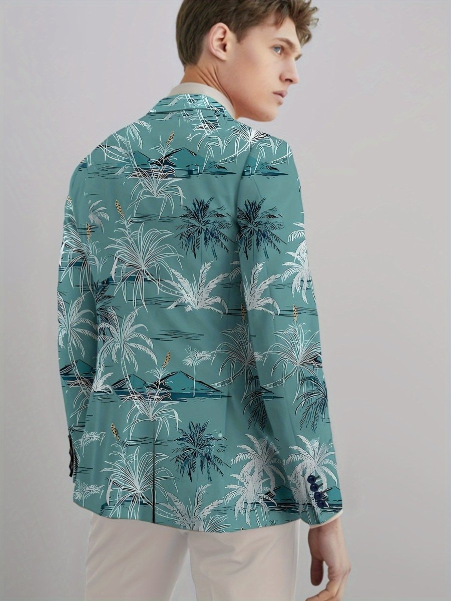 Men's SHOWLU coconut tree print blazer with lapel, button closure, regular fit, suitable for all seasons, stylish suit jacket.