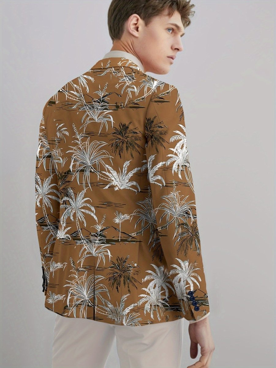 Men's SHOWLU coconut tree print blazer with lapel, regular fit, button closure, suitable for all seasons, stylish suit jacket.
