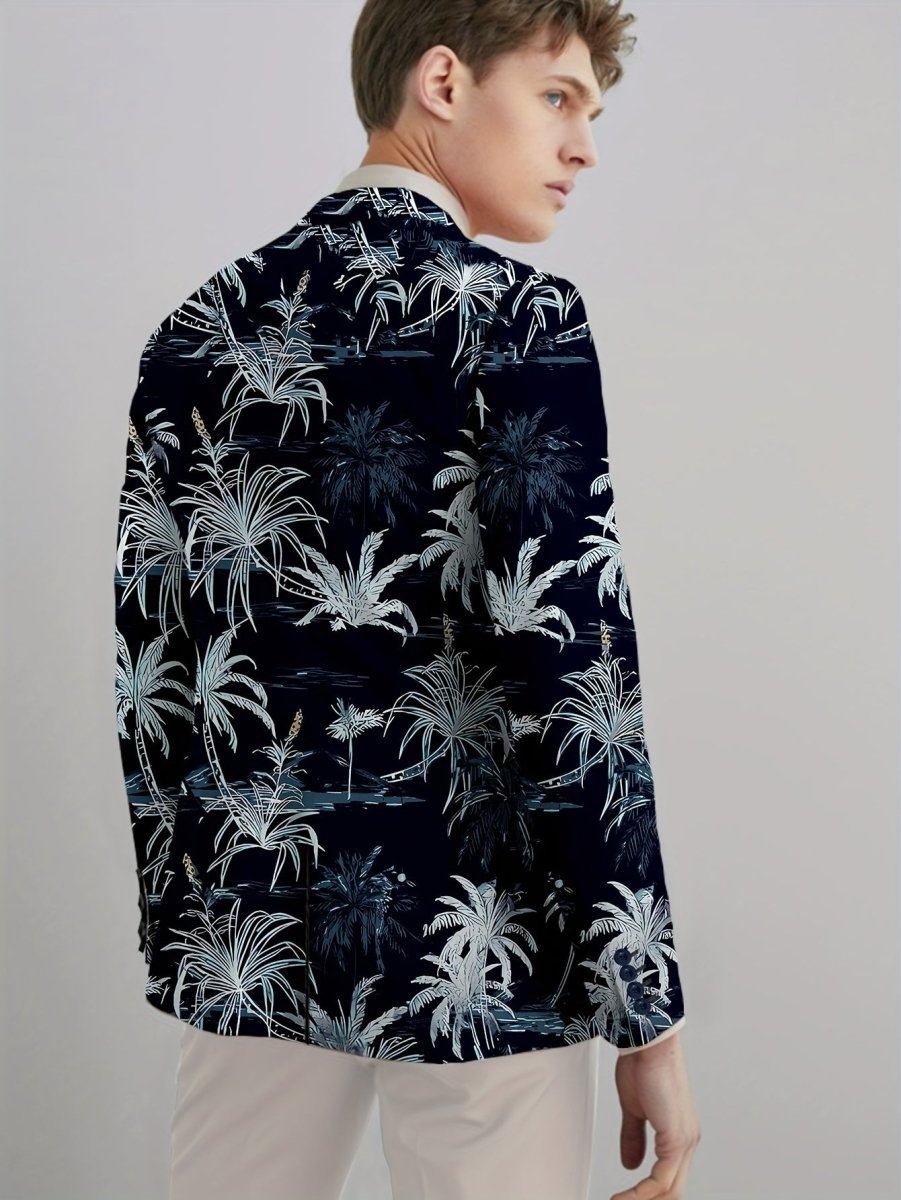 Men's SHOWLU coconut tree print blazer with lapel, button closure, regular fit, suitable for all seasons.