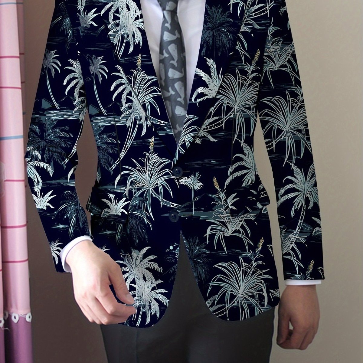 Men's coconut tree print blazer by SHOWLU FASHION STORE, regular fit suit jacket with lapel and button closure for all-season wear.