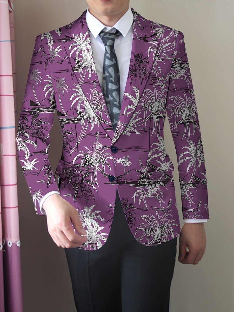Men's SHOWLU coconut tree print blazer with lapel, regular fit, button closure, suitable for all seasons, stylish suit jacket.