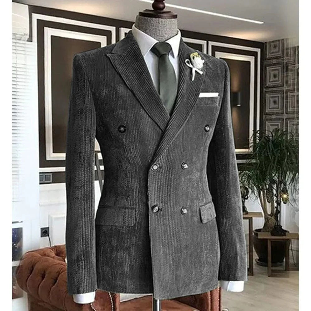 Showlu men's double-breasted corduroy suit jacket with a formal collar, casual cotton blazer for work and stylish wear.