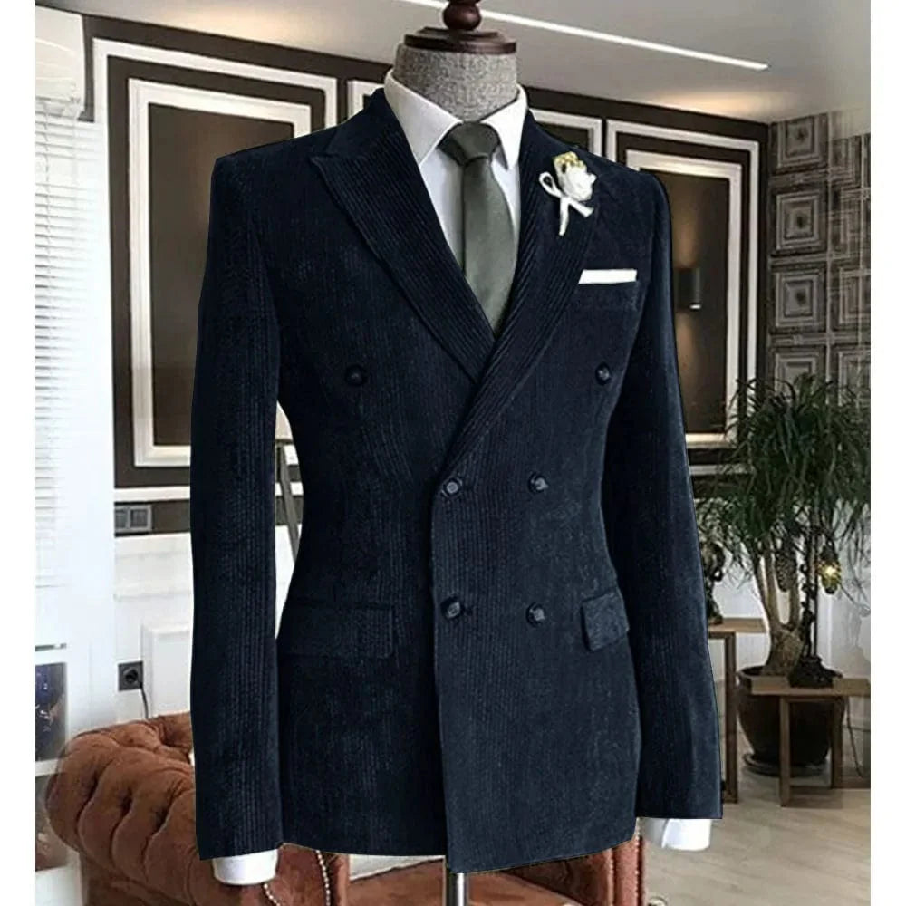 Showlu men's double-breasted corduroy suit jacket with a casual cotton blazer style, featuring a formal collar and tailored fit.