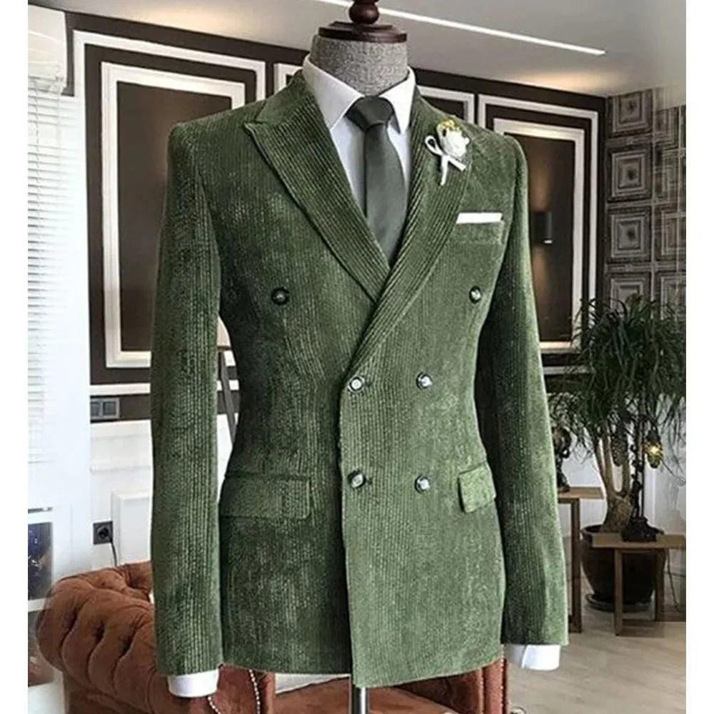 Men's double-breasted corduroy suit jacket from Showlu, casual cotton blazer with a suit collar, suitable for work or formal wear.