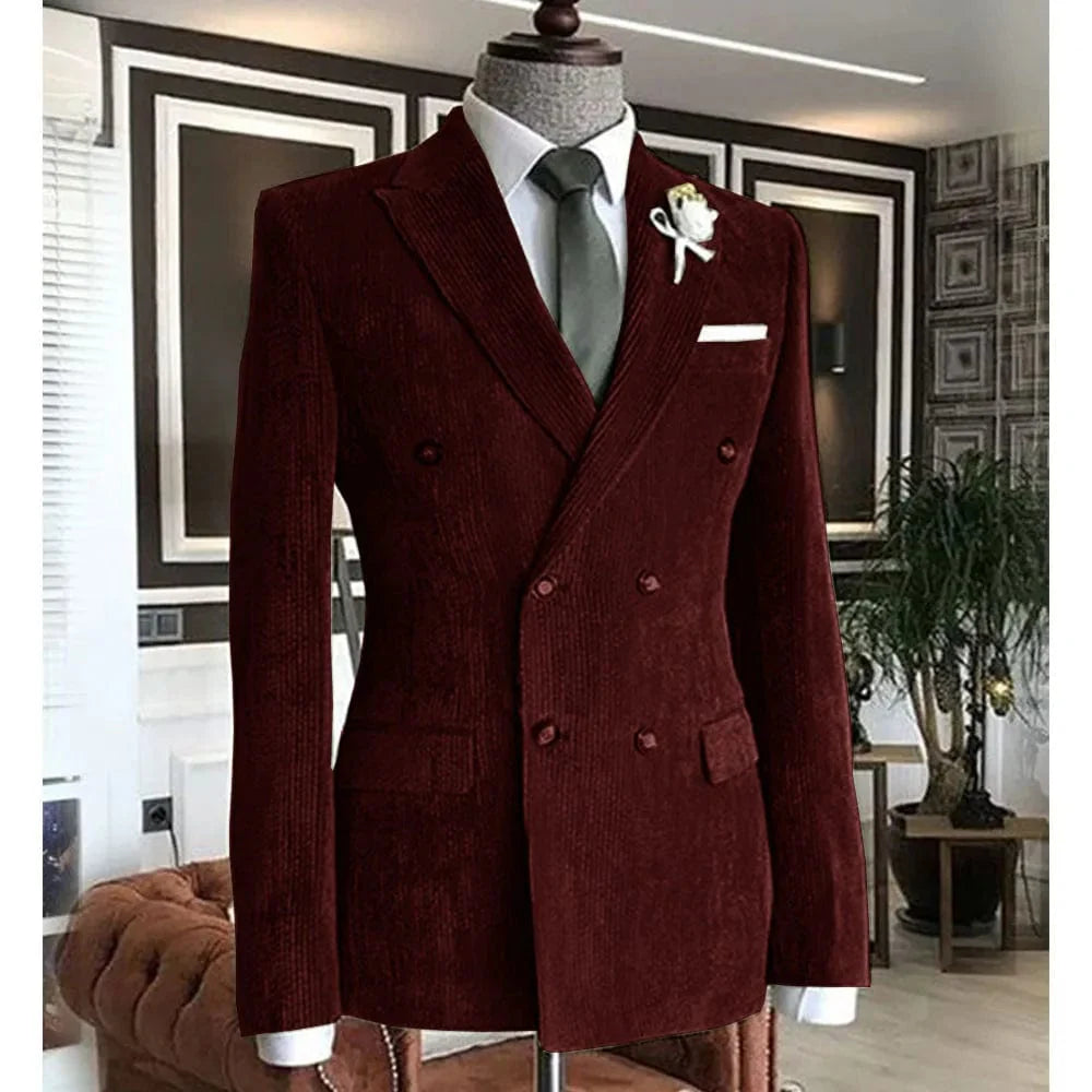Showlu men's double-breasted corduroy suit jacket with notch lapel, casual cotton blazer for work or formal occasions.