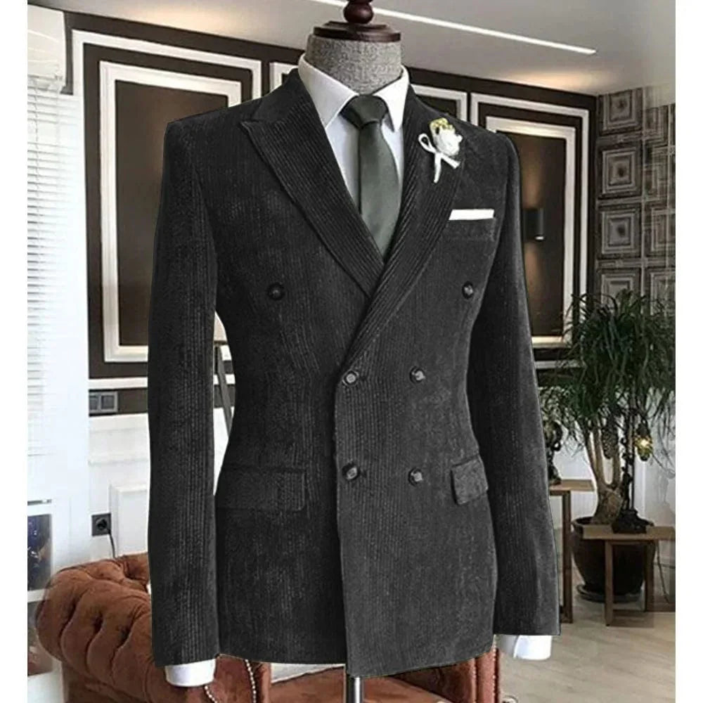 Men's double-breasted corduroy suit jacket by Showlu, casual cotton blazer with a formal, tailored fit and classic lapel collar.