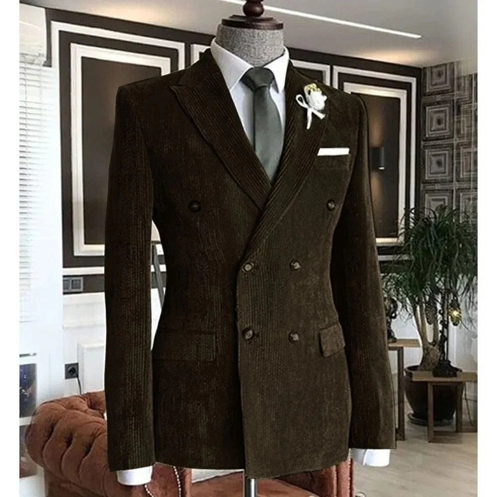 Men's double-breasted corduroy suit jacket by Showlu, casual cotton blazer with lapel collar, suitable for work or formal wear.