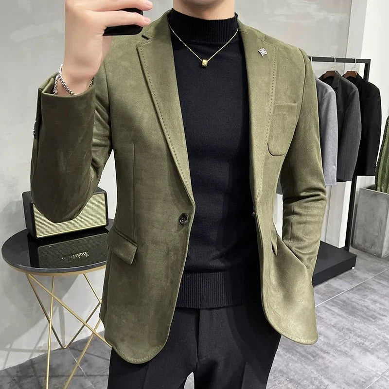 Men's slim fit deerskin fleece blazer with single button closure, stylish business and leisure suit coat, high-quality men's fashion