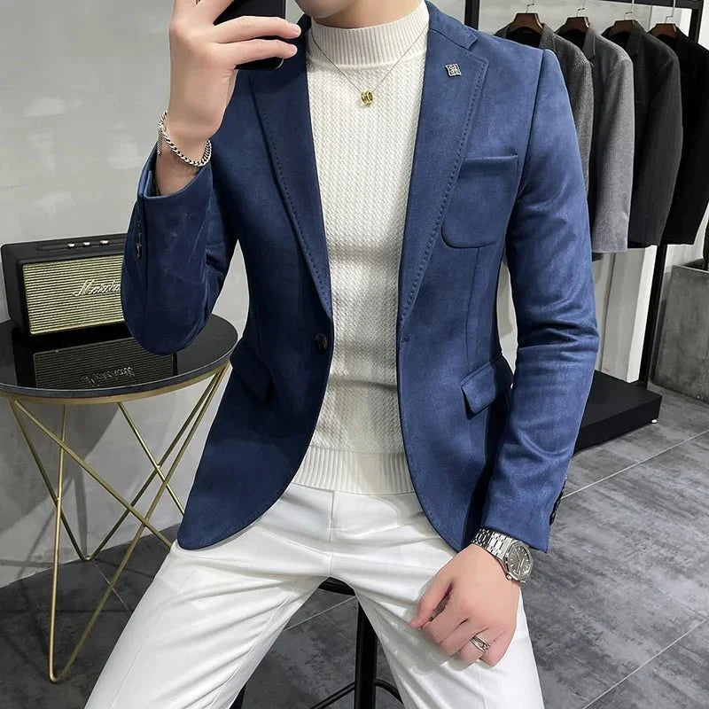 Showlu men's slim fit deerskin fleece blazer with single button closure, tailored for business and leisure, high-quality men's suit jacket
