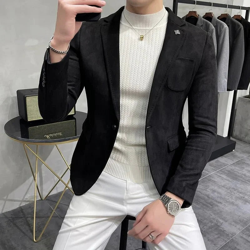 Men's slim fit deerskin fleece blazer with single button, stylish suit coat perfect for business or leisure wear.