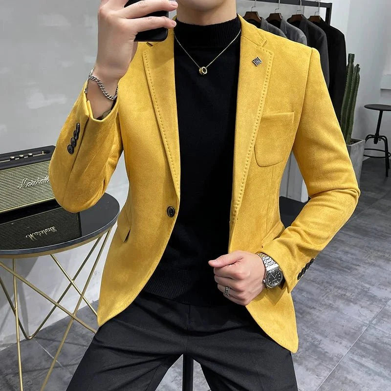 Showlu men's slim fit deerskin fleece blazer with single button, tailored suit coat ideal for business or leisure wear.