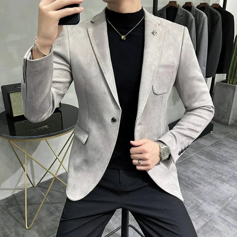 Men's slim fit deerskin fleece blazer with single button closure, tailored for business or casual wear, high-quality fashion design.
