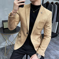 Men's slim fit deerskin fleece blazer with a single button, stylish men's suit coat perfect for business or casual wear.
