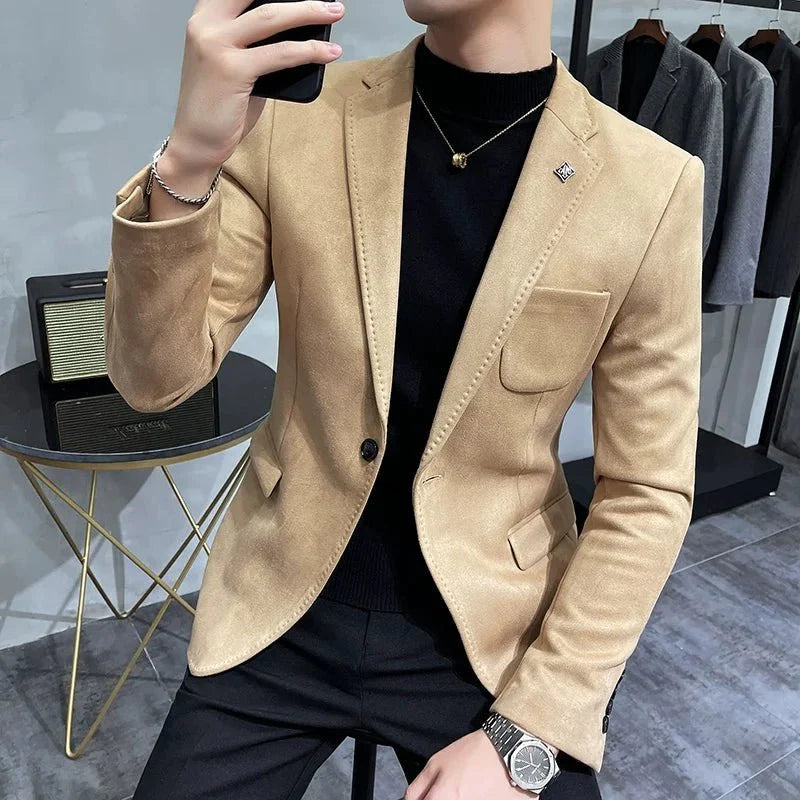 Men's slim fit deerskin fleece blazer with a single button, stylish men's suit coat perfect for business or casual wear.