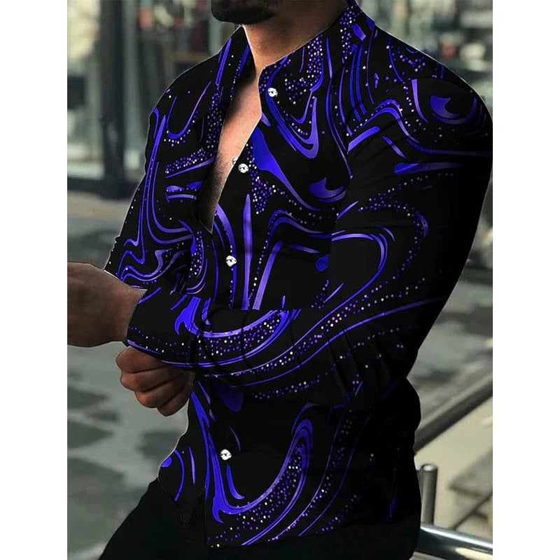 Men's digital print button-up cardigan with loose fit and long sleeves, featuring a vibrant digital pattern from SHOWLU FASHION STORE.