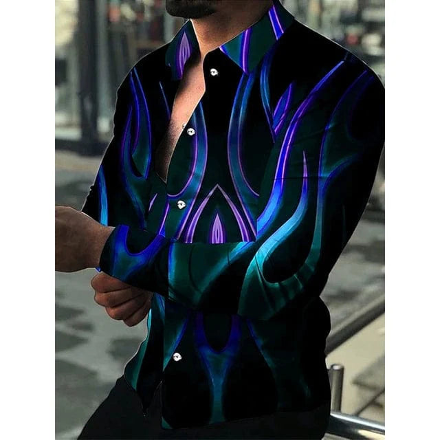 Men's digital print button-up cardigan with long sleeves from SHOWLU FASHION STORE, featuring a colorful abstract design.