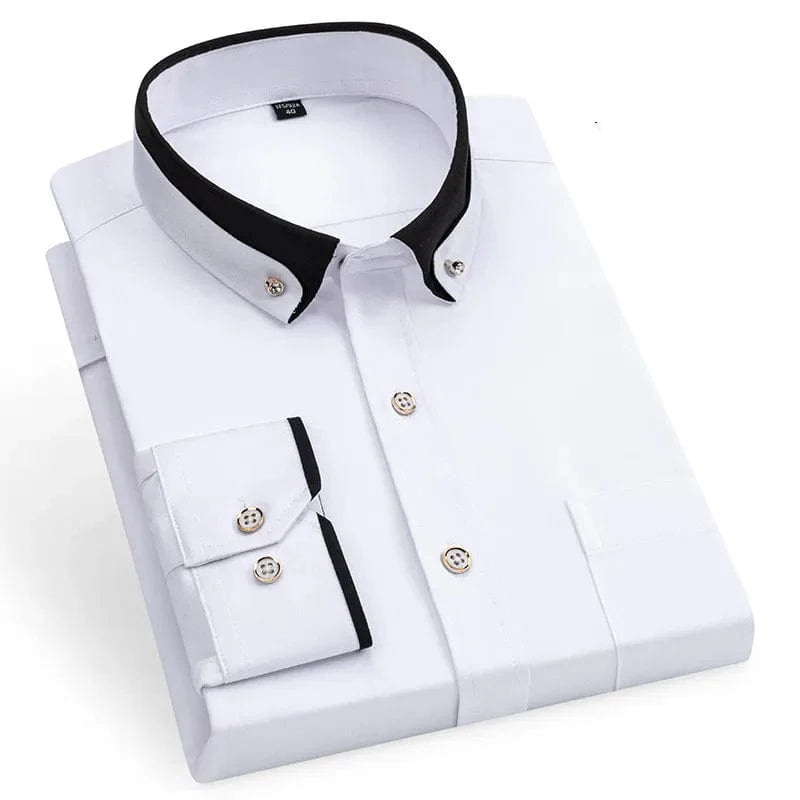 Black men's slim fit dress shirt with double collar and long sleeves, breathable, non-iron, perfect for formal business or casual wear.