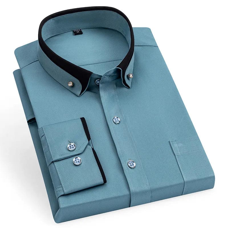 Men's black slim fit dress shirt by SHOWLU FASHION STORE with double collar, long sleeves, breathable non-iron fabric for formal or casual wear.
