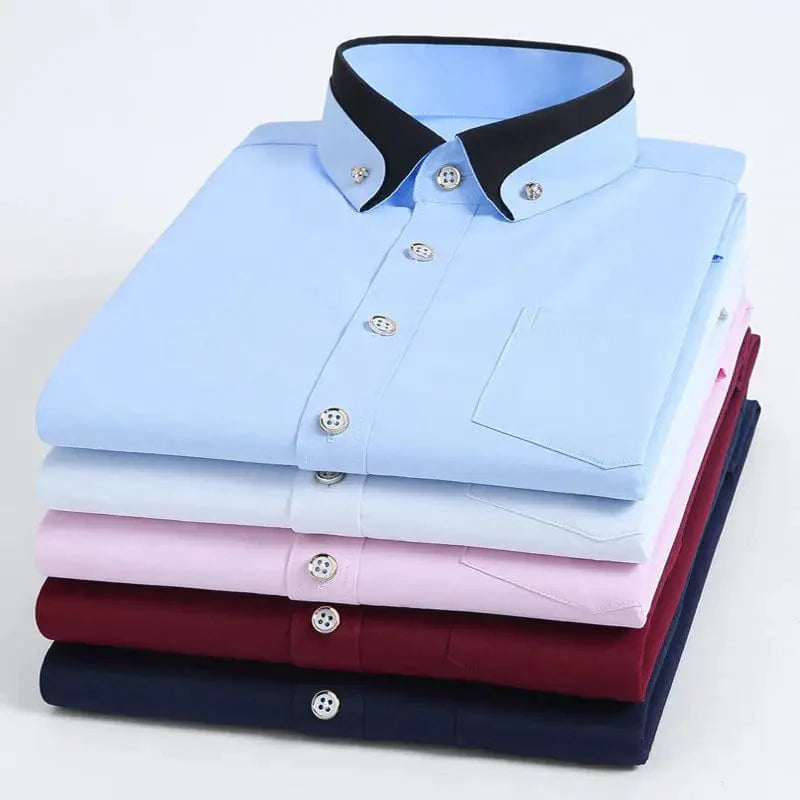 Men's black slim fit dress shirt by SHOWLU FASHION STORE, long sleeves, double collar, breathable, non-iron business top