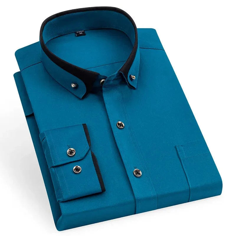 Men's black slim fit dress shirt from SHOWLU FASHION STORE with double collar, long sleeves, breathable non-iron fabric, formal business style.