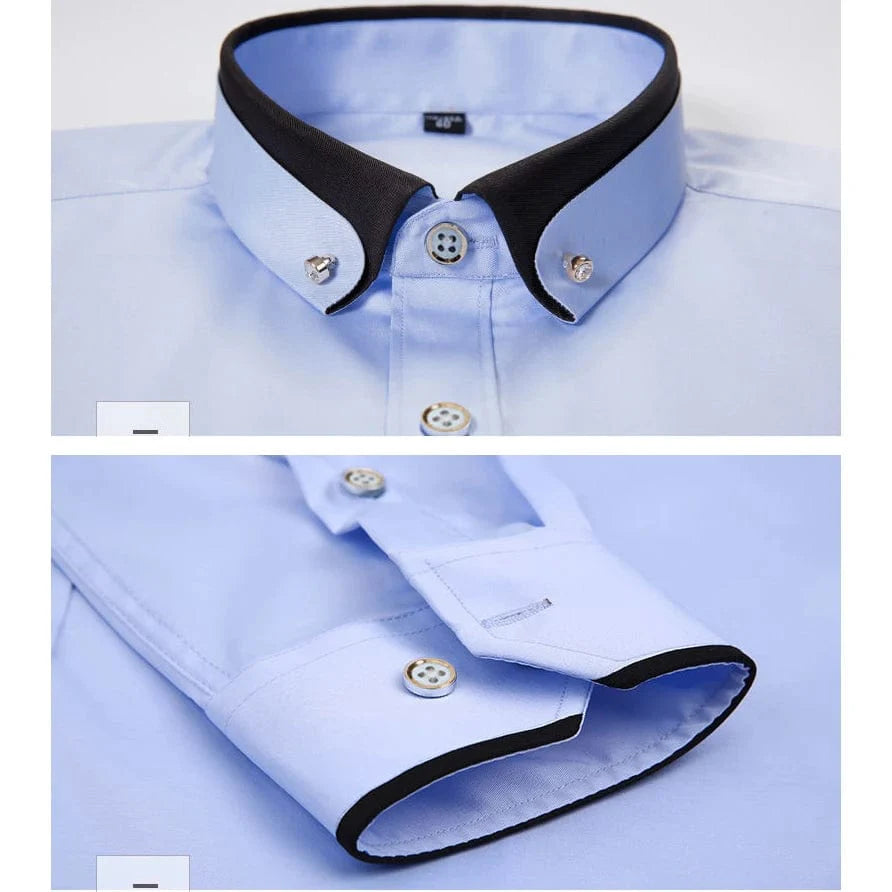 Black men's slim fit dress shirt with double collar, long sleeves, non-iron, breathable fabric, suitable for formal business wear.