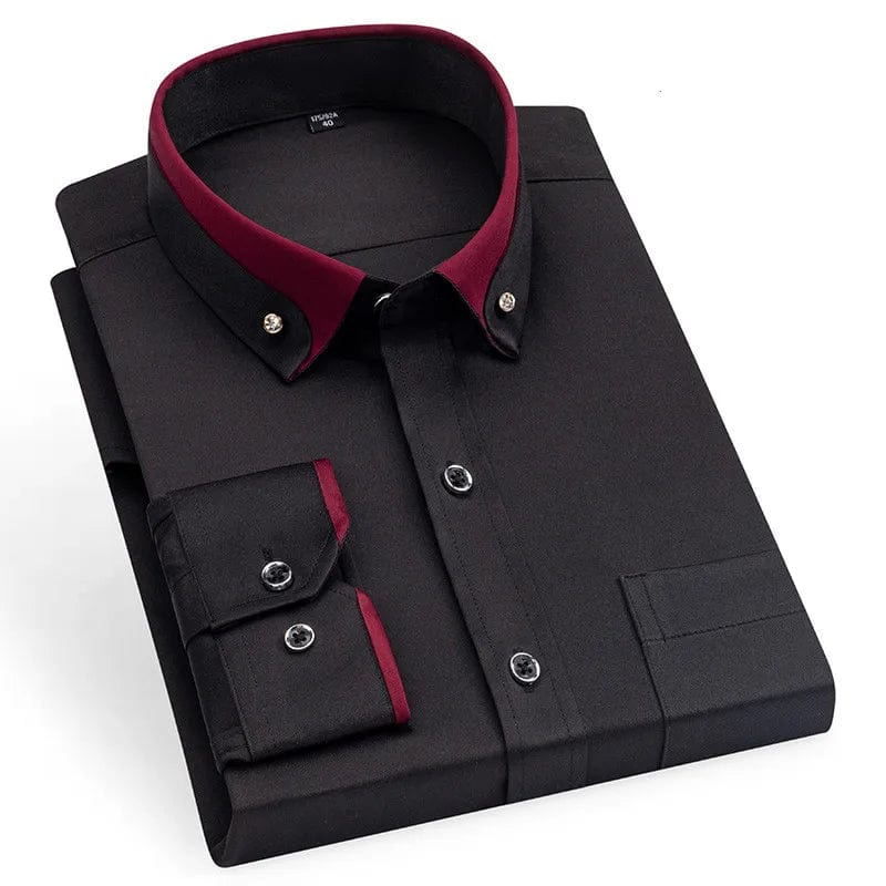 Men's black slim fit dress shirt with double collar, long sleeves, formal non-iron business top by SHOWLU FASHION STORE