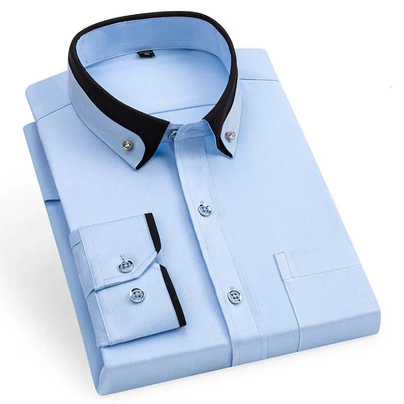 Black men's slim fit dress shirt with double collar, long sleeves, and classic formal style from SHOWLU FASHION STORE.