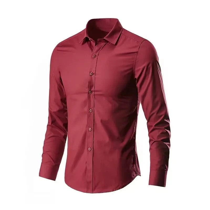 Men's slim fit long sleeve shirt by SHOWLU FASHION STORE, anti-wrinkle, breathable, smart casual style, perfect for business or casual wear.